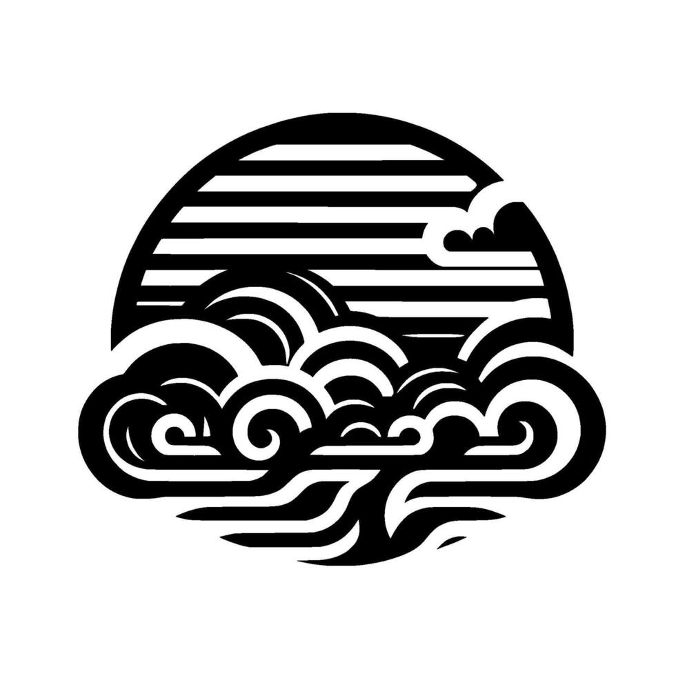 Stylized Black and White Cloudscape with Lined Sun Motif, Inspired by Japanese Art. vector