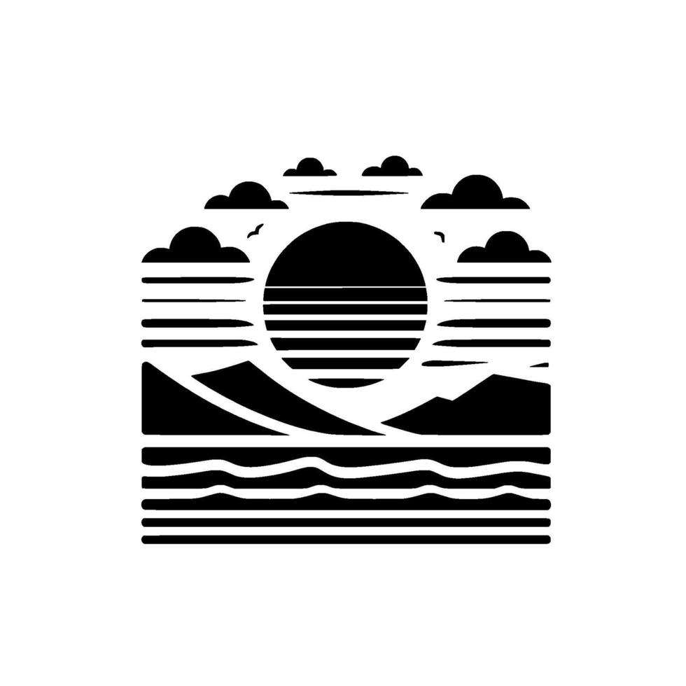 Minimalist Black and White Landscape Illustration Sun, Clouds, Mountains, and Water, Forming a Scenic Composition. vector