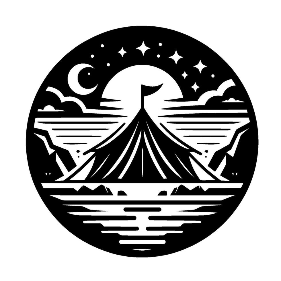 Black and White Silhouette Camping Tent Under a Crescent Moon, Surrounded by Stars, Mountains, and Water in a Circular Composition. vector