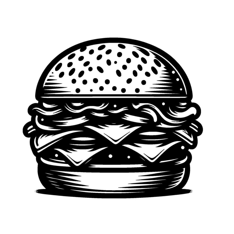 Detailed Black and White Burger Illustration with Sesame Seed Bun, Cheese, and Stacked Ingredients on White Background, Studio Style. vector