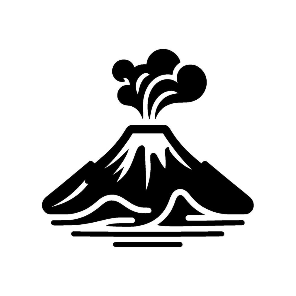 Black and white minimalist illustration of a volcano erupting, set against a clean white background, with stylized smoke plumes. vector