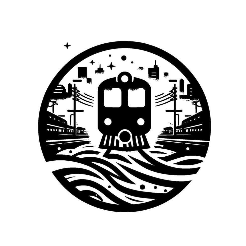 Circular minimalist illustration Black train on tracks against a cityscape, evoking travel and urban transit. vector