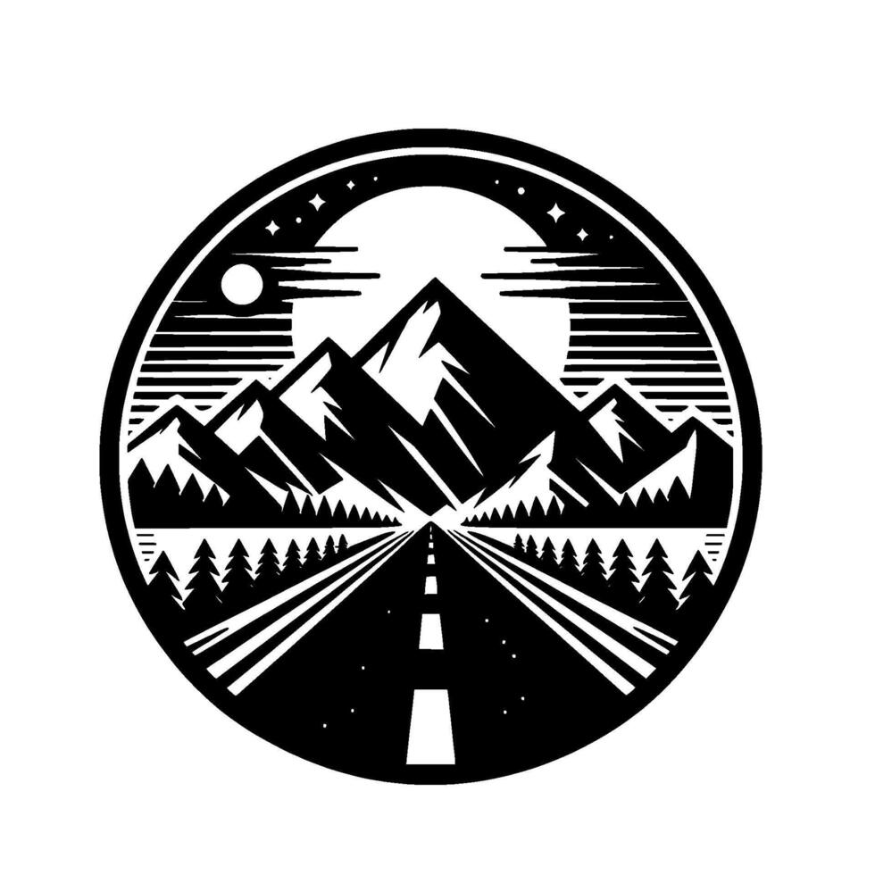 Black and White Circular Illustration of a Mountain Road Under a Night Sky, Emphasizing Adventure and Travel. vector