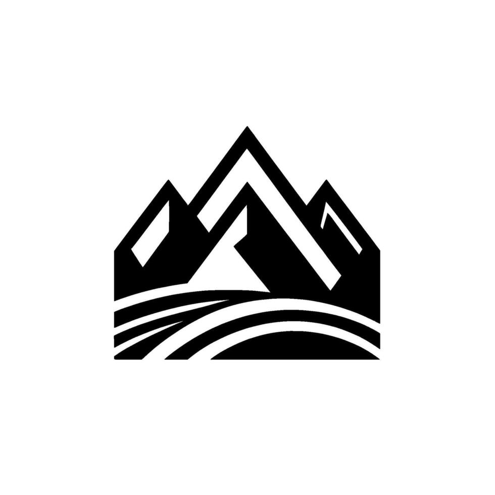 Bold Black and White Geometric Mountain Range Above Curved Lines, Clean Minimalist on White Background vector