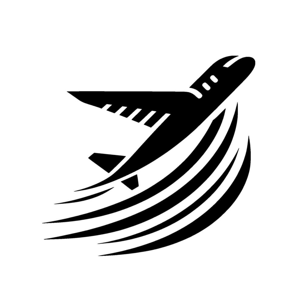 Bold Black and White Airplane Silhouette in Flight, Trailing Streamlines, Minimalist . vector