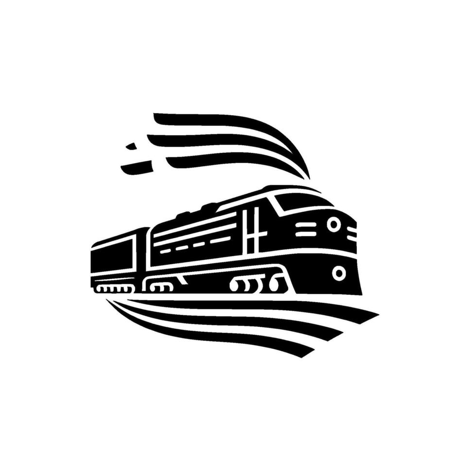 Sleek, Black and White Illustration of a Streamlined Locomotive with Flowing Smoke and Curved Tracks, Suggesting Speed vector