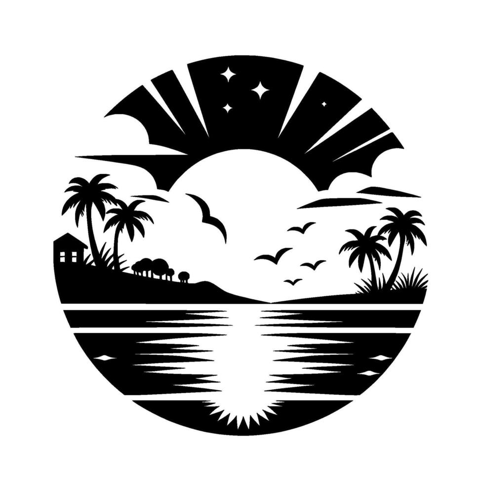 Circular Silhouette of Tropical Paradise Palm Trees, Birds, Sunset over Ocean, and Starry Sky in a Black and White . vector