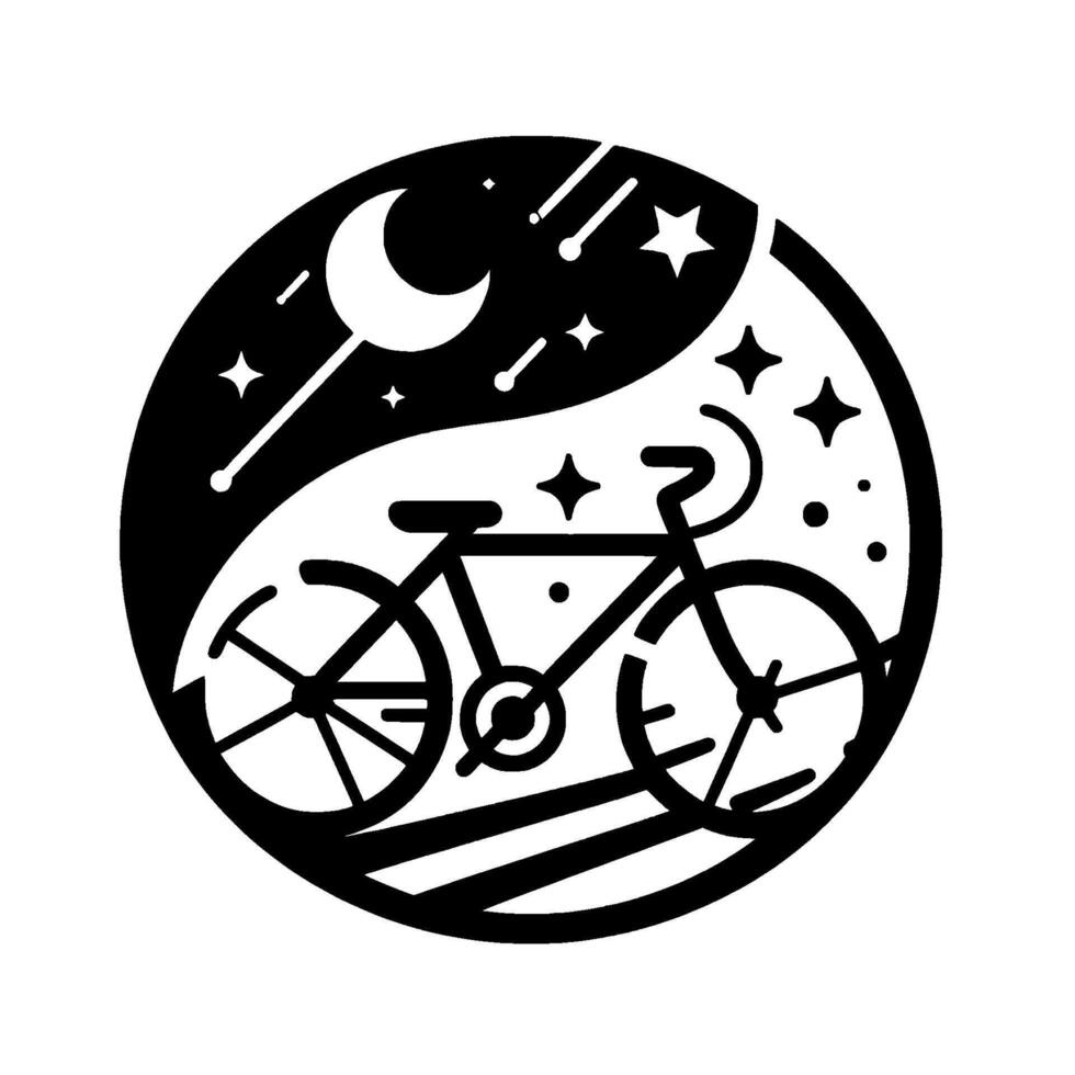 YinYang Bicycle Under Starlit Night Sky with Crescent Moon and Shooting Stars in Silhouette . vector