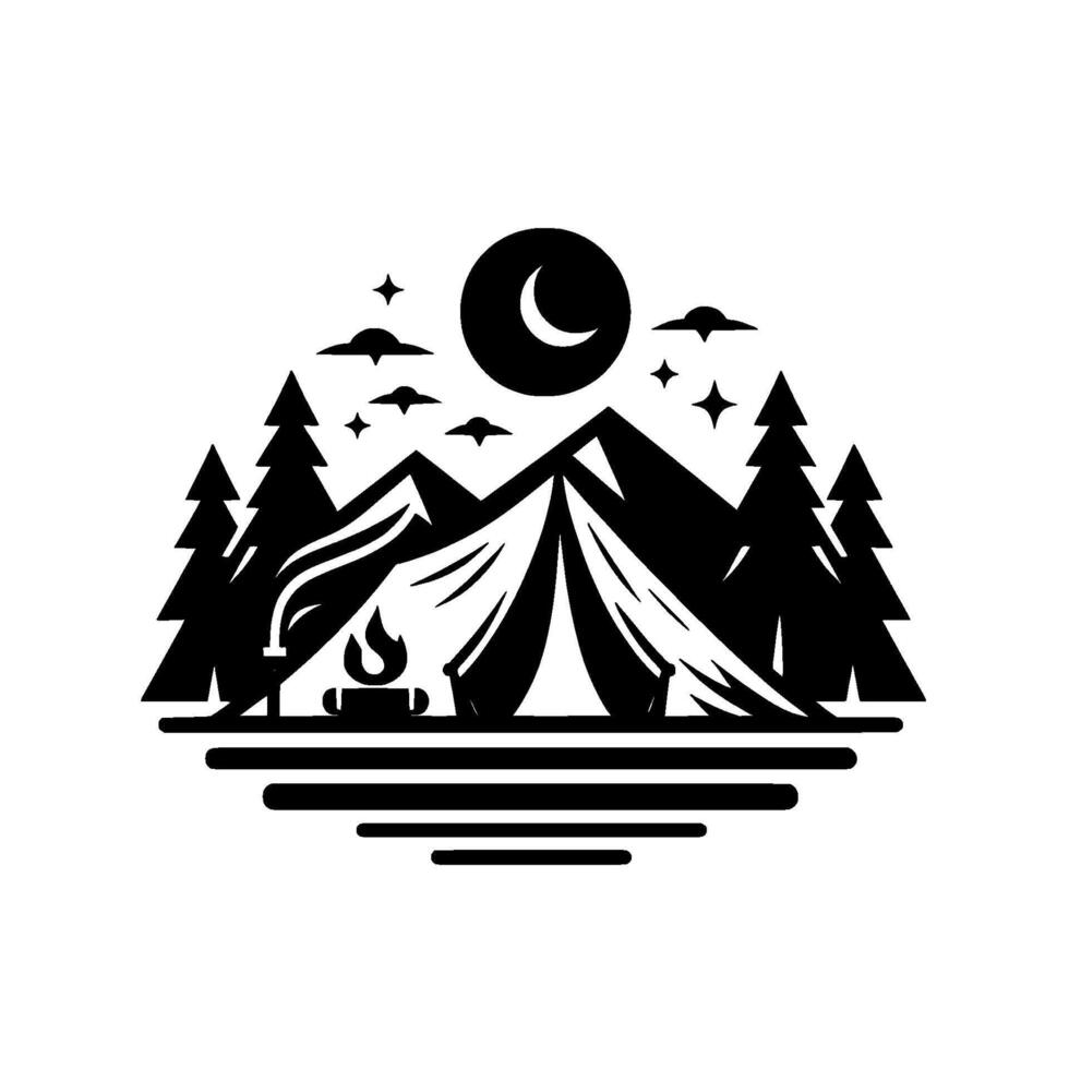 Black and white art camping scene with tent, campfire, mountains, trees, moon, and stars under a night sky. vector