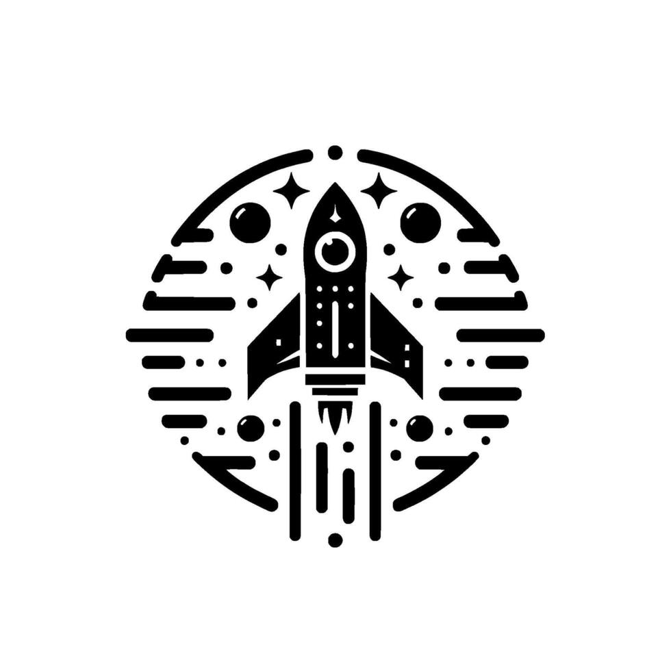 Black and white illustration of a rocket ship taking off within a circular frame, surrounded by stars, planets, and stylized smoke. vector