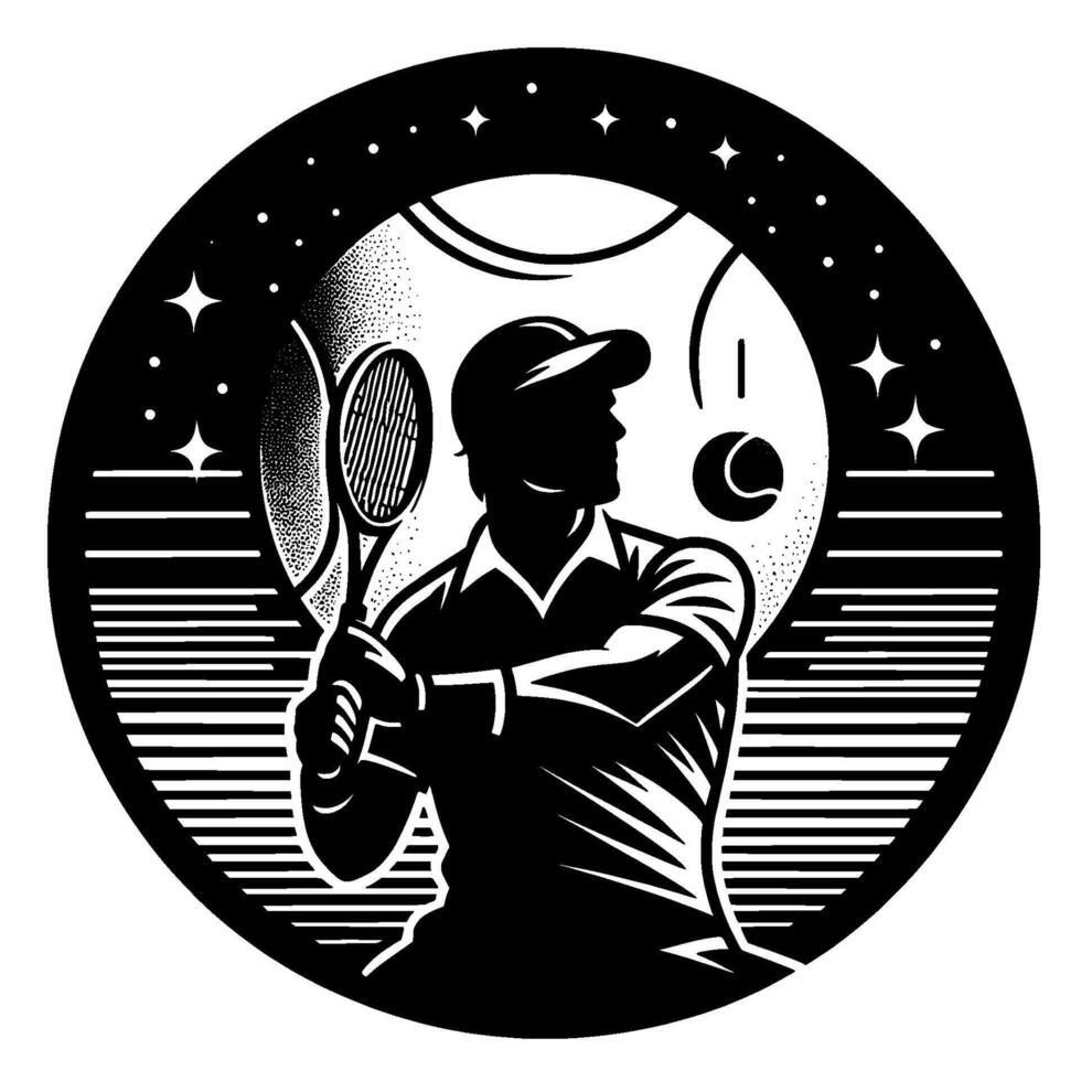 Silhouette of a Tennis Player with Racket Inside a Black Circular Frame with Starry Background, Sporting Theme. vector