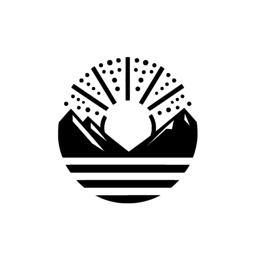 Minimalist Black White Mountain Silhouette with Rising Sun and Striped Horizon, Geometric . vector