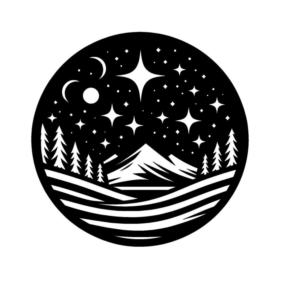 A circular monochrome illustration capturing a serene mountain scene under a starry night sky, featuring crescent moons and stylized pine trees. vector