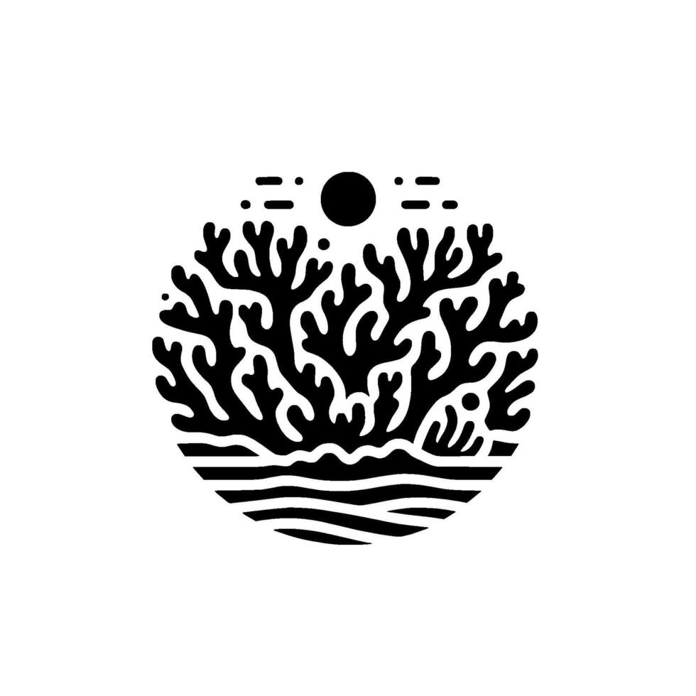 Stylized Black Coral Reef Silhouette Under a Sun in a Circle with Sea Waves at the Base on White Background. vector