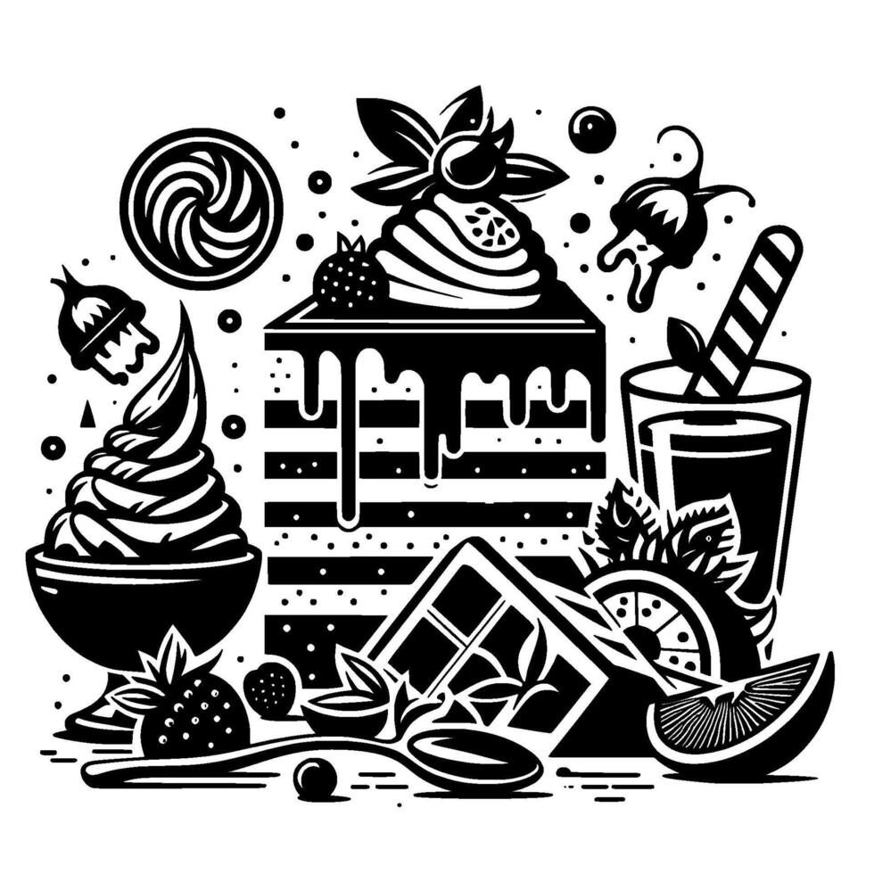 Black and white illustration of a dessert spread, featuring a cake, ice cream, drinks, and fruit. vector