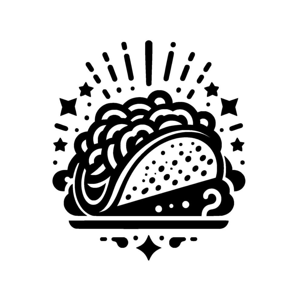 Stylized black and white taco illustration with decorative bursts, stars, and a minimalist , perfect for a food or emblem. vector