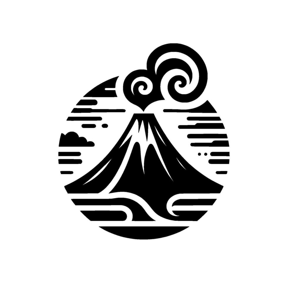 Black and White Circular Emblem Depicting a Volcanic Eruption with Swirling Smoke, Clouds, and a Minimalist Aesthetic. vector