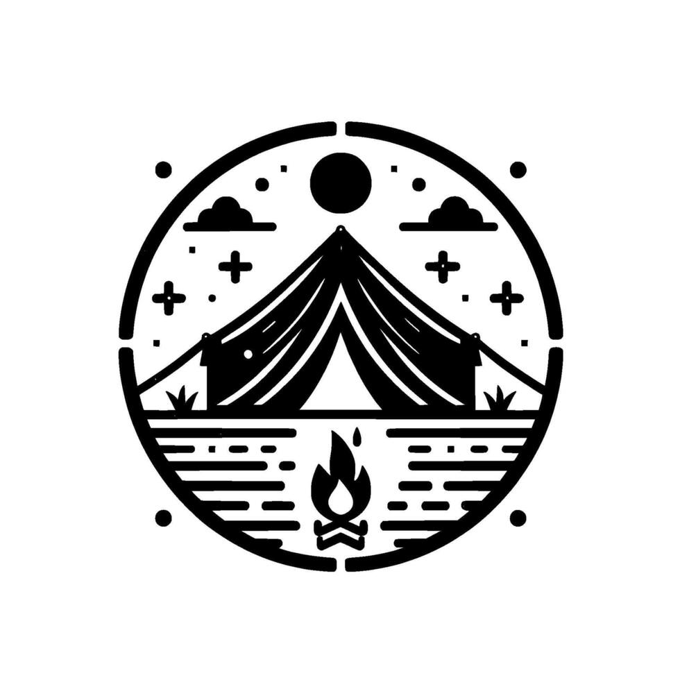 Minimalist Black and White Circular Illustration of a Campsite with Tent, Bonfire, Moon, Clouds, and Stars, Illustrating the Tranquility of Nature vector