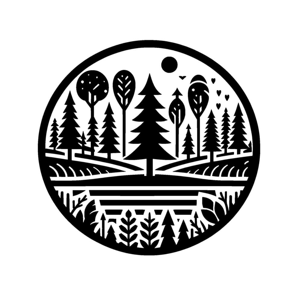Black and White Stylized Forest Scene A Round Composition Featuring Trees, Plants, a Lake, Sun and Decorative Hearts. vector