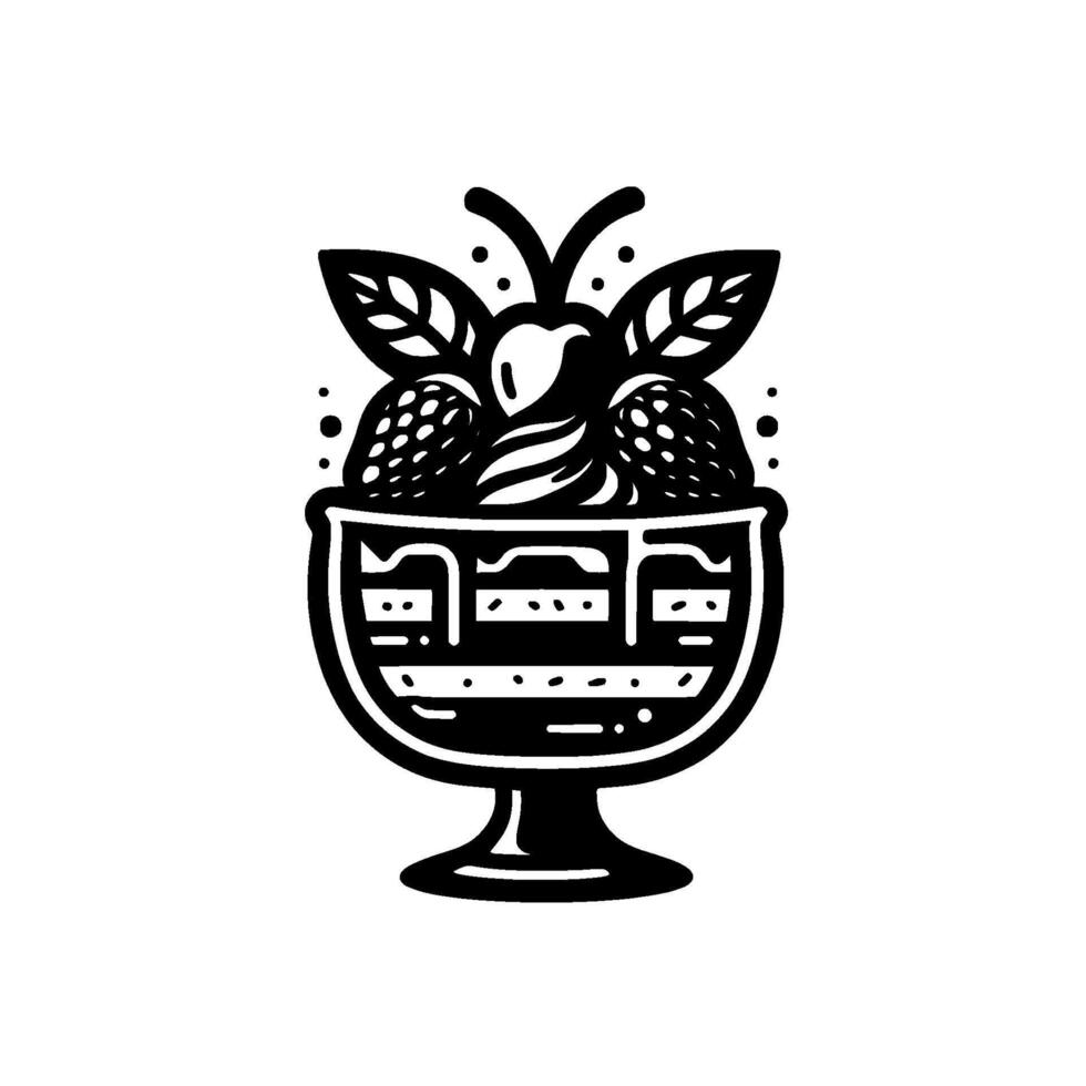Stylized Black and White Sundae Illustration A dessert of strawberries, whipped cream, and cherries in an ornate glass. vector