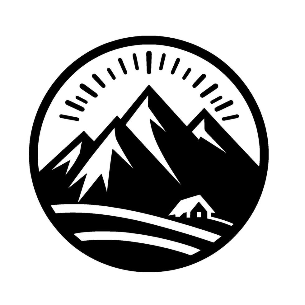 Black and white circular depicting mountain peaks, a sunrise or sunset, and a small cabin, symbolizing outdoors and adventure. vector