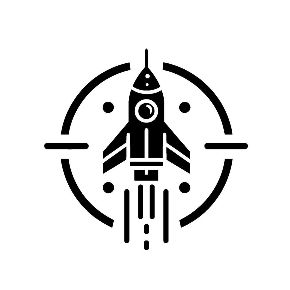 Bold monochrome illustration of a stylized rocket ship taking off, centered within a targetlike circle and scattered dots on a white background. vector