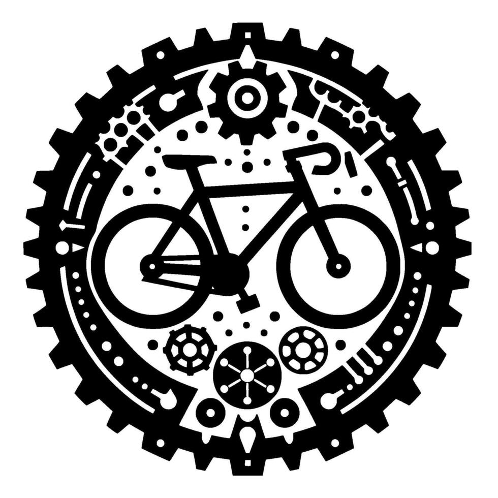 Black and White Bike Inside a Gear Minimalist Illustration Depicting Bicycle Technology and Mechanics. vector