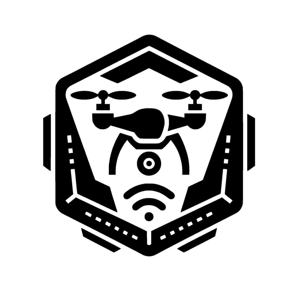 Geometric Monochrome Drone A stylized black and white featuring a drone within a hexagonal frame, representing technology and aerial surveillance. vector