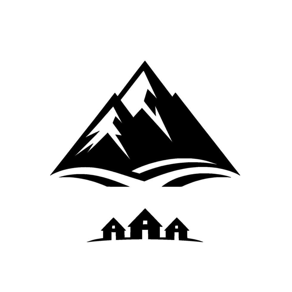 Minimalist Black and White Mountain Featuring Geometric Mountain Peak and Tiny Houses. vector