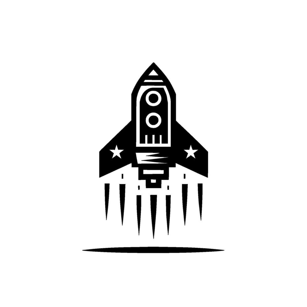 Minimalist Black and White Rocket Ship with Stylized Flames and Star Accents, Isolated on White vector