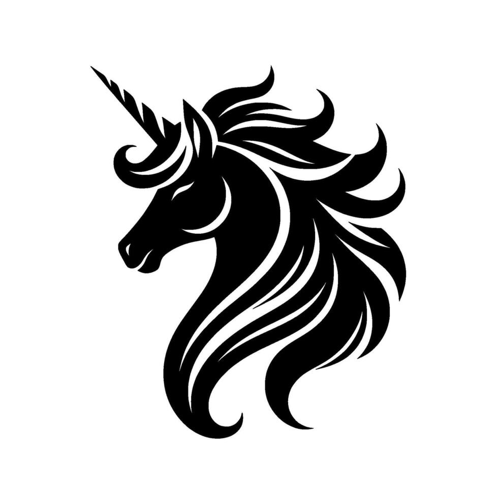 Elegant Silhouette A majestic black unicorn head with flowing mane and spiraled horn on a clean white backdrop. vector