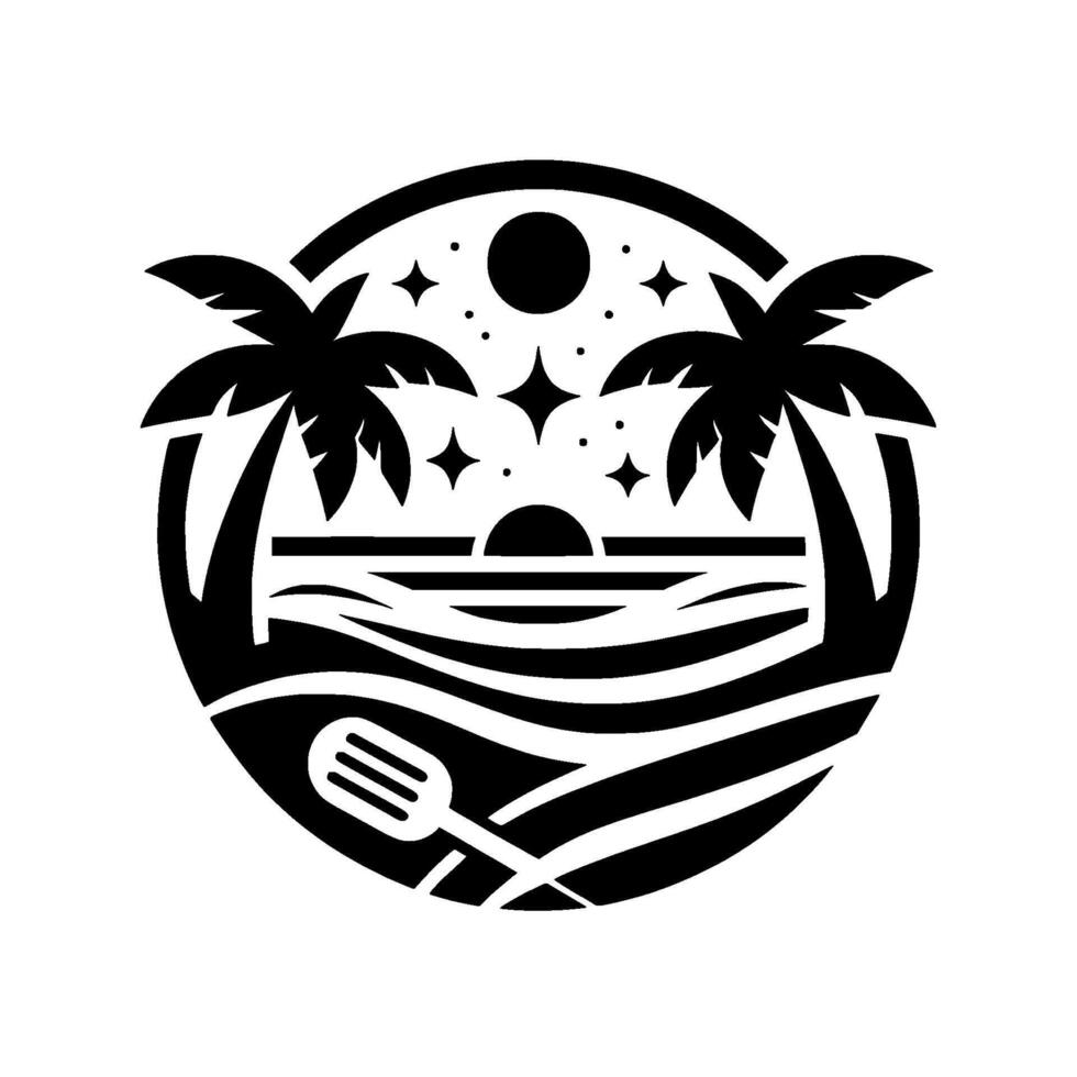 Circular Black and White Illustration Tropical Beach Scene Featuring Palm Trees, Sunset, Stars, Waves, and a Spatula vector
