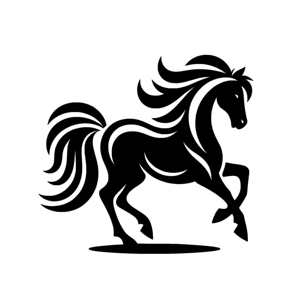 Sleek Silhouette of a Prancing Black Horse with Flowing Mane and Tail, Isolated on White, Showing Grace and Energy. vector