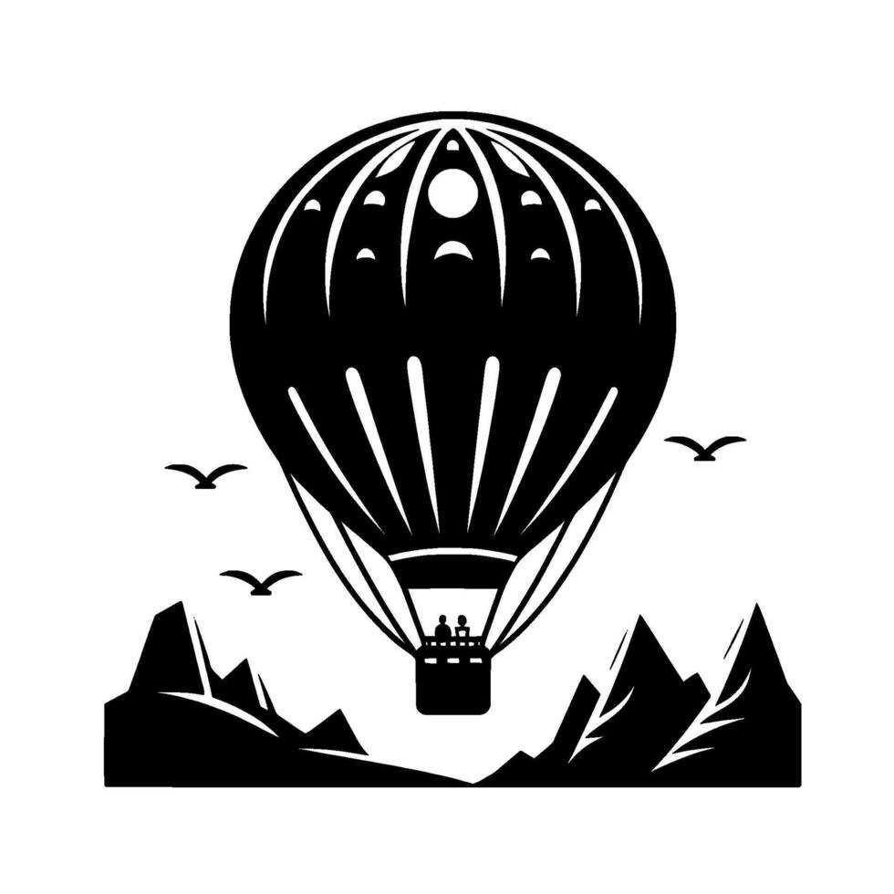 Silhouette of a hot air balloon with passengers, birds, and mountain peaks, isolated on a white background, conveying travel and adventure. vector