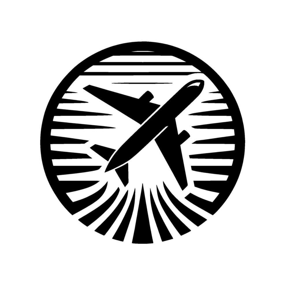 Stylized Black and White Aviation Depicting an Airplane Soaring Through a Circle of Sunrise Lines, Travel . vector