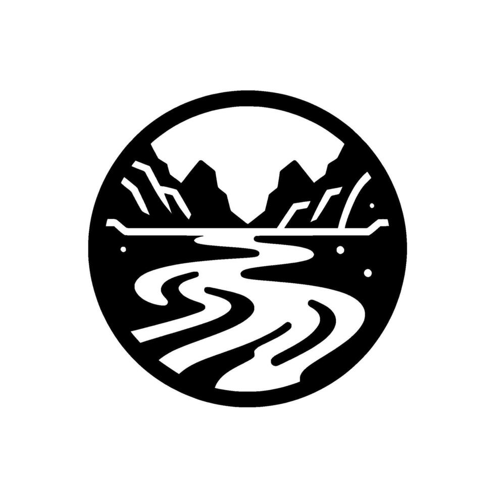 Minimalist circular emblem depicting a stylized black and white landscape, with mountains, a river, and sky in a clean, . vector