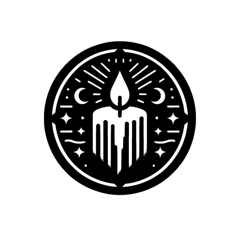 Intricate black and white circular emblem featuring a stylized candle surrounded by crescent moons, stars, and radiating lines, evoking a sense of mysticism. vector