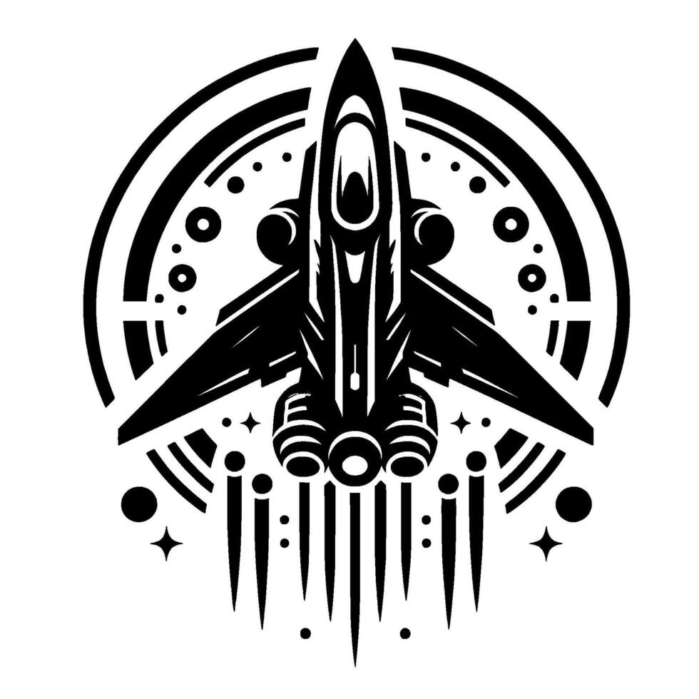 Bold black and white illustration of a futuristic spacecraft within a stylized circular frame, taking off with exhaust trails. vector