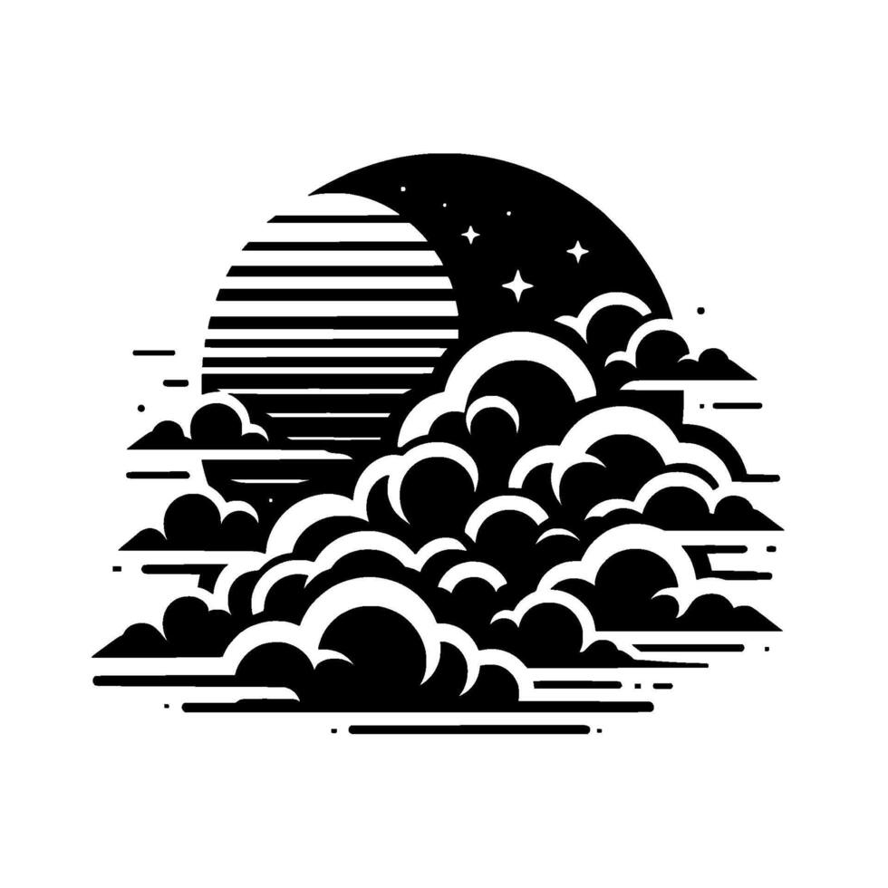 Stylized Black and White Night Sky Illustration with Moon, Stars, and Voluminous Clouds, Evoking a Sense of Serenity. vector