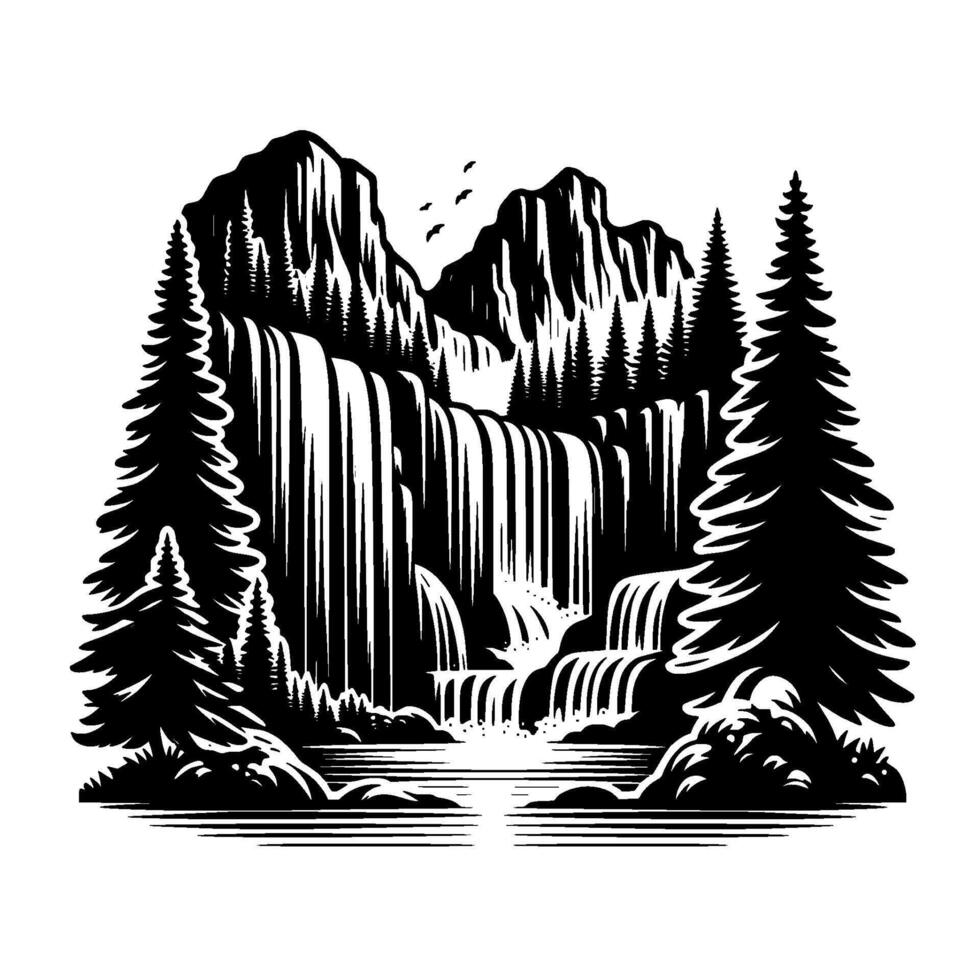 Majestic Black and White Illustration of a Cascading Waterfall in a Forest Landscape, Birds Flying Above vector