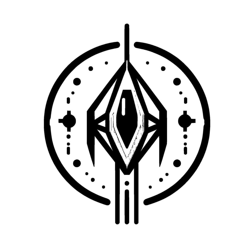 Geometric abstract black and grey spaceshiplike with a central jewel and celestial accents within a circular frame on white. vector