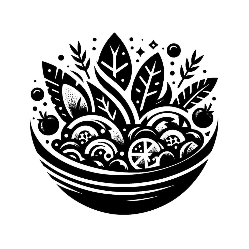 Stylized Black and White Illustration of a Bowl Filled with Salad Ingredients, Featuring Leaves, Tomatoes, and Circular Elements. vector