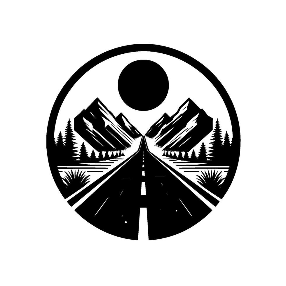 Monochromatic Circular Emblem Road Leading to Mountains Under a Black Sun with Pine Trees and Landscape vector