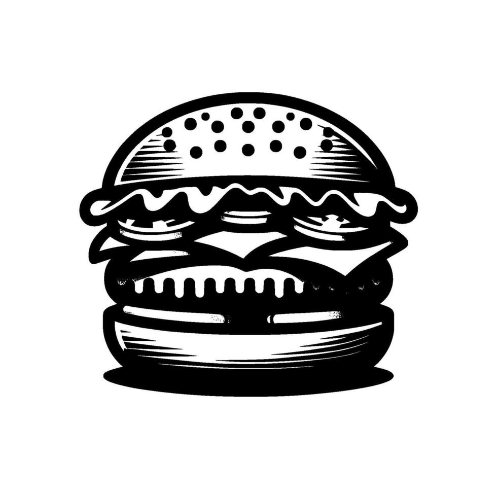 Bold Black and White Illustration of a Classic Hamburger with Bun, Patty, and Cheese, Isolated on White. vector
