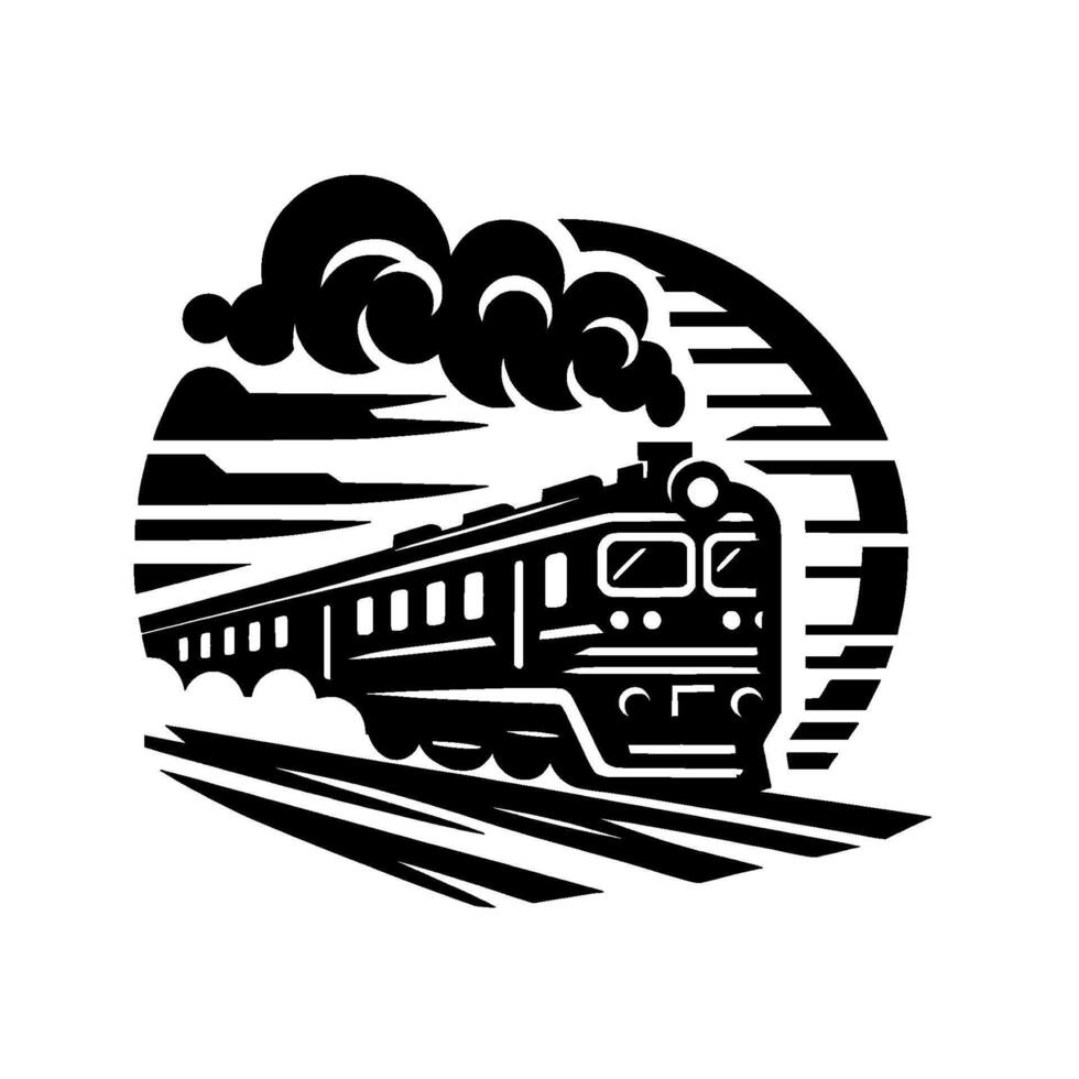 Monochrome Steam Locomotive in a Circular Frame, Emitting Smoke, Moving Along Tracks, Retro Transportation . vector