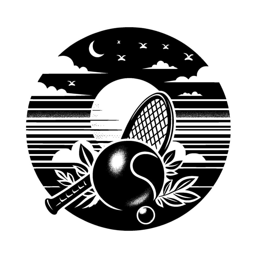 A monochrome circular emblem featuring a tennis ball, racket, leaves, and a smaller ball, set against a stylized sunset with birds. vector