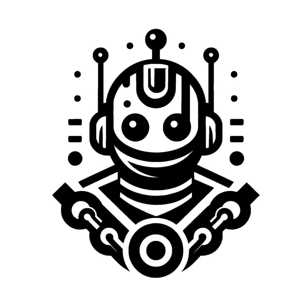 Artistic monochrome robot illustration, featuring stylized with antenna, a circular body accent, and a friendly, curvedsmile face. vector