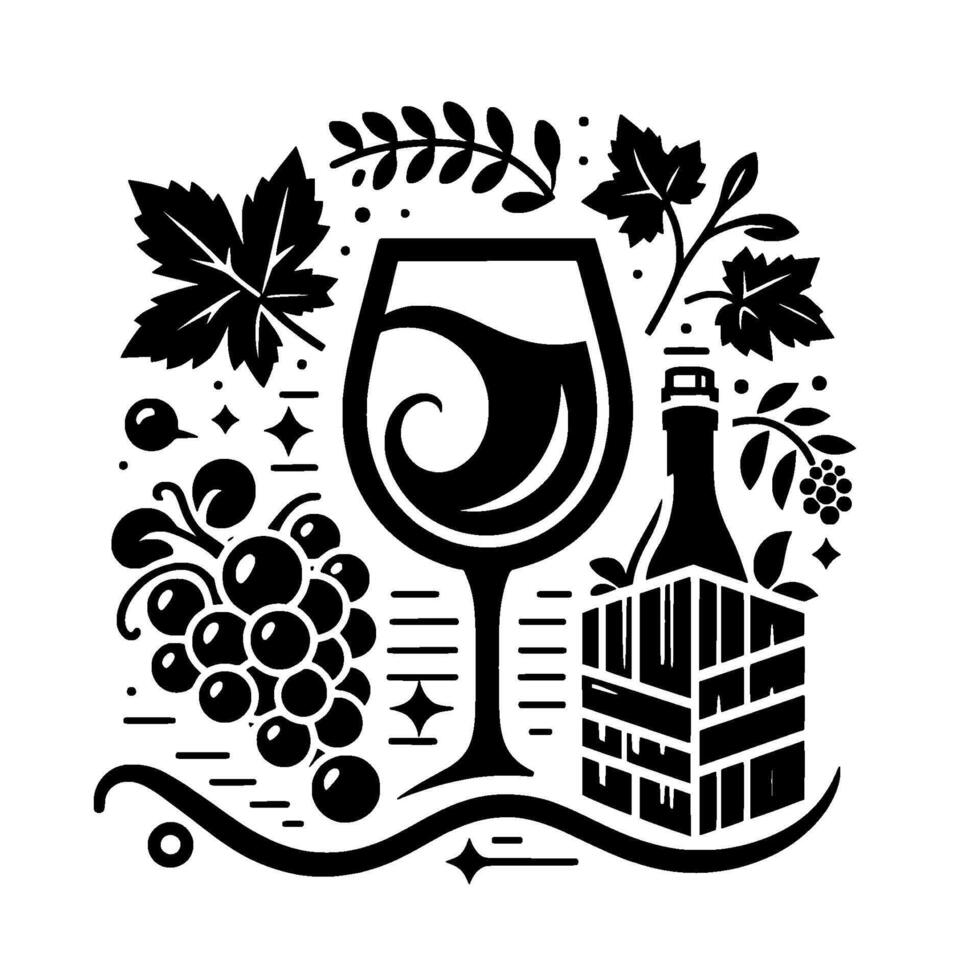 A minimalist black and white illustration of wine elements a swirling glass, grape cluster, bottle, and leaves, evoking elegance. vector
