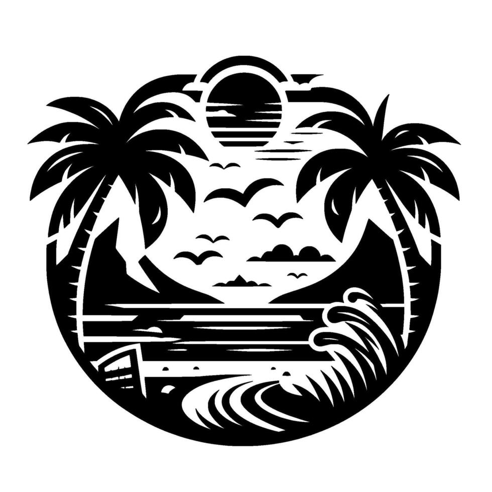 Serene Black and White Coastal Scene Palm Trees, Sun, Waves, and Birds in a Circular Silhouette. vector