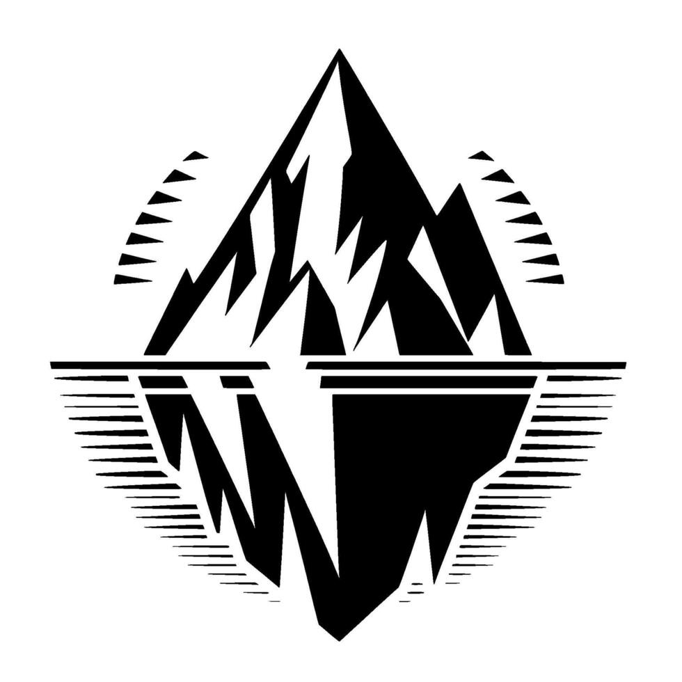 Bold black and white geometric mountain range reflection, minimalist with sharp angles, mirroring symmetry against a white backdrop, evoking a sense of wilderness. vector